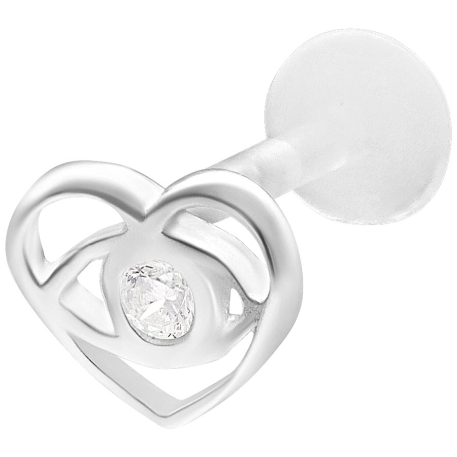 Silbernes Labret Piercing mit Herzform und klarem Stein auf weißem Hintergrund