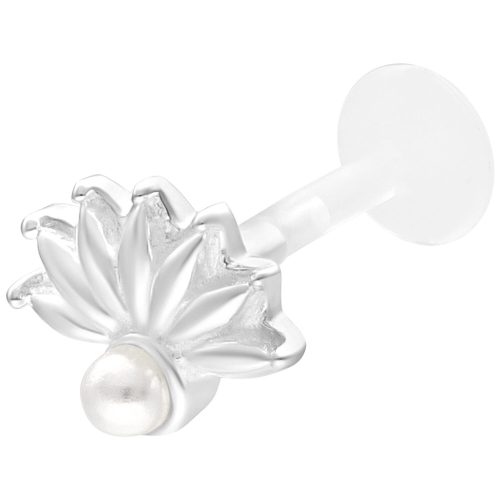 Silbernes Labret mit Pfauenauge-Design und Perlenaufsatz auf weißem Hintergrund