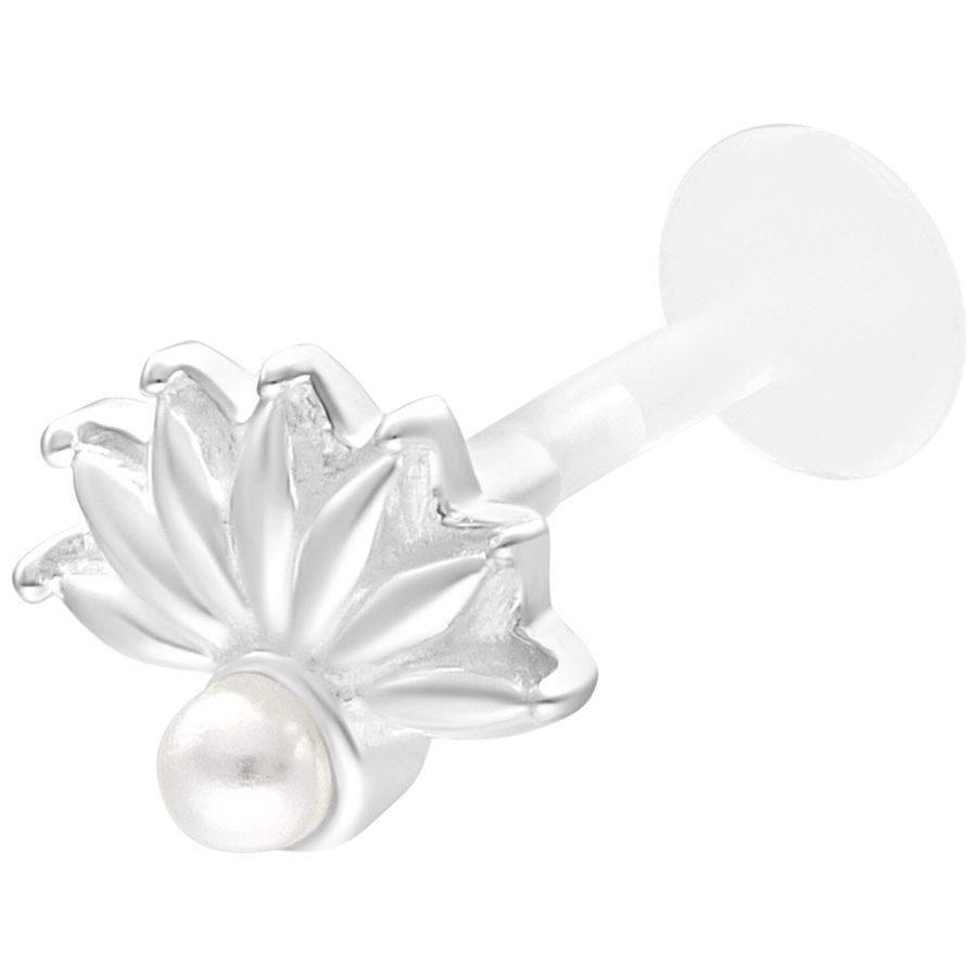 Silbernes Labret mit Pfauenauge-Design und Perlenaufsatz auf weißem Hintergrund