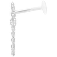 Silberfarbenes Labret mit Kristallaufsatz und Kettendetail vor weißem Hintergrund