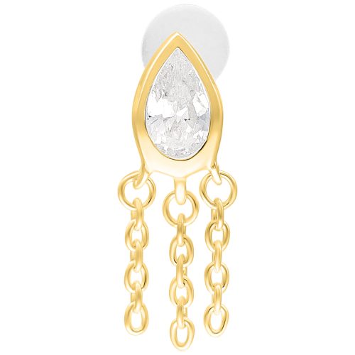 Goldenes Labret mit tropfenförmigem Stein und drei Ketten auf weißem Hintergrund