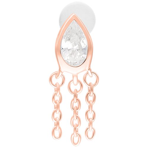 Roségoldenes Labret-Piercing mit Tropfen-Design und Kettenanhängern auf weißem Hintergrund