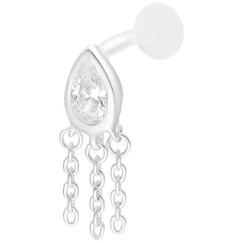 Silbernes Labret-Piercing mit Tropfenkristall und drei Ketten auf weißem Hintergrund