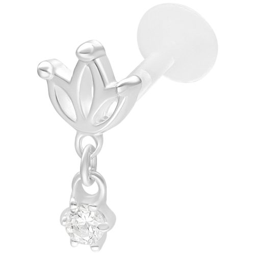 Silbernes Labret mit Lotus-Design und funkelndem Kristall auf weißem Hintergrund