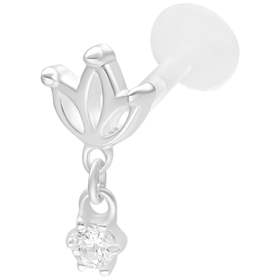 Silbernes Labret mit Lotus-Design und funkelndem Kristall auf weißem Hintergrund