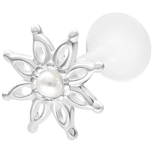 Silbernes Blumen Labret mit Perlenaufatz auf weißem Hintergrund