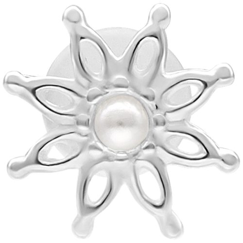 Silbernes Labret mit blumenförmigem Design und Perlendetail auf weißem Hintergrund