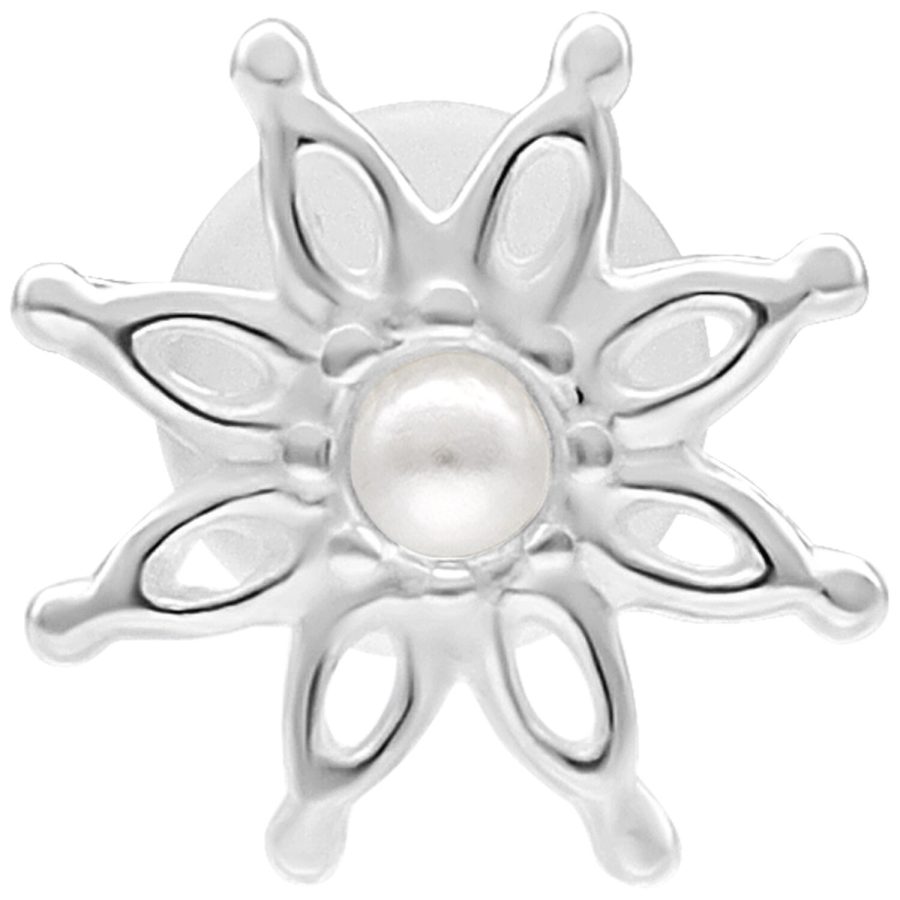 Silbernes Labret mit blumenförmigem Design und Perlendetail auf weißem Hintergrund