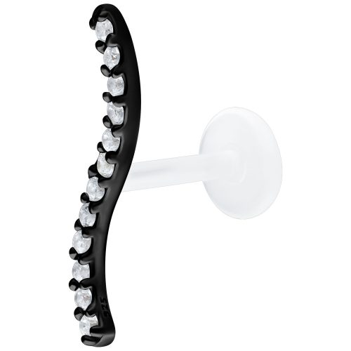 Schwarzes Push Fit Labret mit klaren Kristallen, 6,0 mm Länge auf weißem Hintergrund