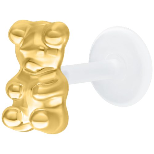 Goldenes Gummi Bear Labret Piercing, 11 mm Länge, auf weißem Hintergrund