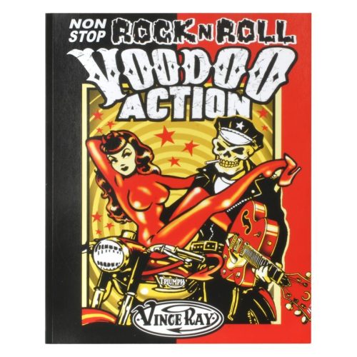 Buntes Poster mit Rockabilly-Motiv, Frau auf Motorrad, Skelett mit Gitarre