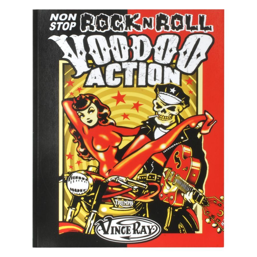 Buntes Poster mit Rockabilly-Motiv, Frau auf Motorrad, Skelett mit Gitarre