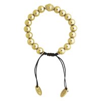Goldenes Armband mit runden Perlen und schwarzem Band auf weißem Hintergrund