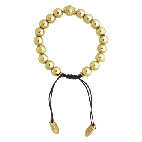 Goldenes Armband mit runden Perlen und schwarzem Band auf weißem Hintergrund