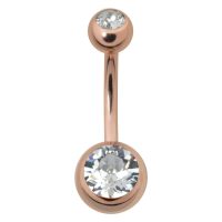 Roségoldenes Bauchnabelpiercing mit zwei kristallklaren Steinen auf weißem Hintergrund