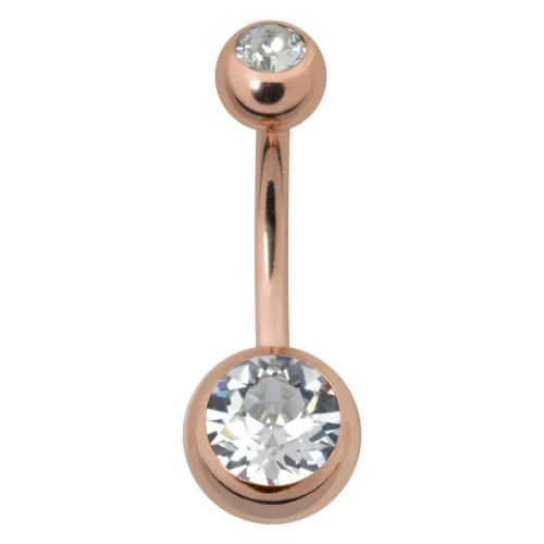 Roségoldenes Bauchnabelpiercing mit zwei kristallklaren Steinen auf weißem Hintergrund