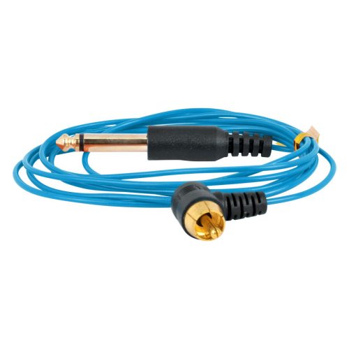 Blaues RCA Clipcord mit Silikonkabel auf weißem Hintergrund