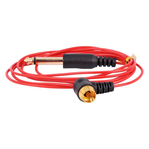 Rotes RCA Clipcord mit schwarzen Steckern auf weißem Hintergrund