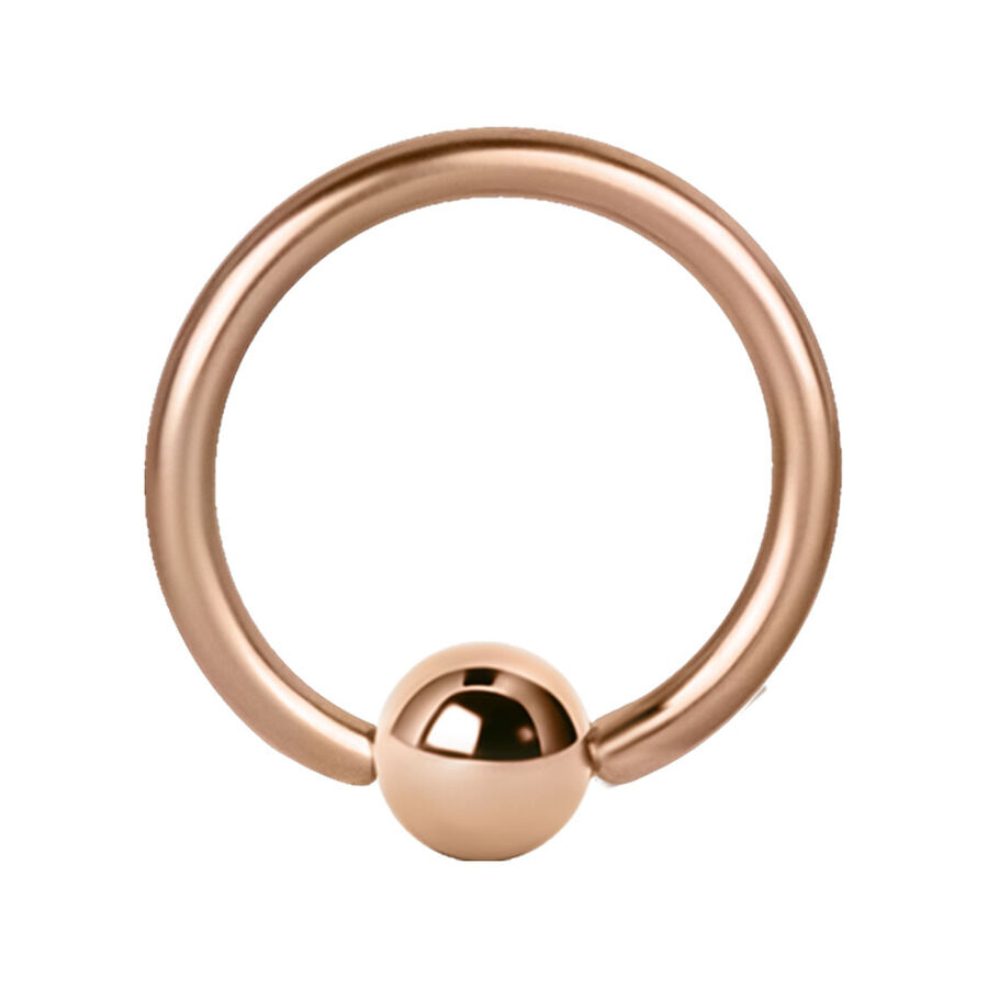 Roségoldener Ball Closure Ring mit 1,0 mm Stärke und 9,0 mm Innendurchmesser auf weißem Hintergrund