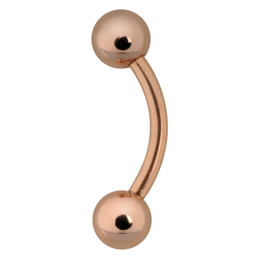Bauchnabelpiercing in Roségold mit zwei Kugeln auf weißem Hintergrund