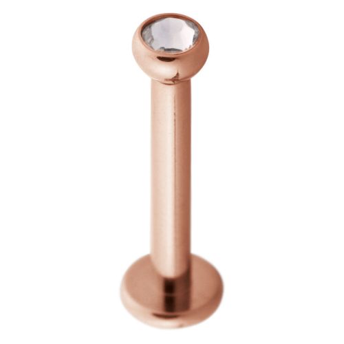 Roségoldenes Labret aus Chirurgenstahl mit klarer Kristallkugel auf weißem Hintergrund