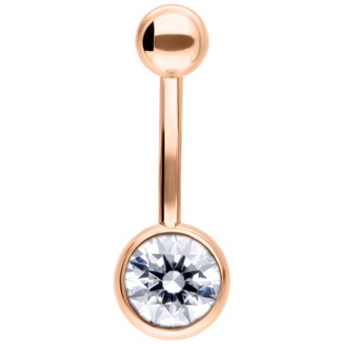 Bauchnabelpiercing aus Roségold mit klarem Kristall, 10 mm Länge, auf weißem Hintergrund