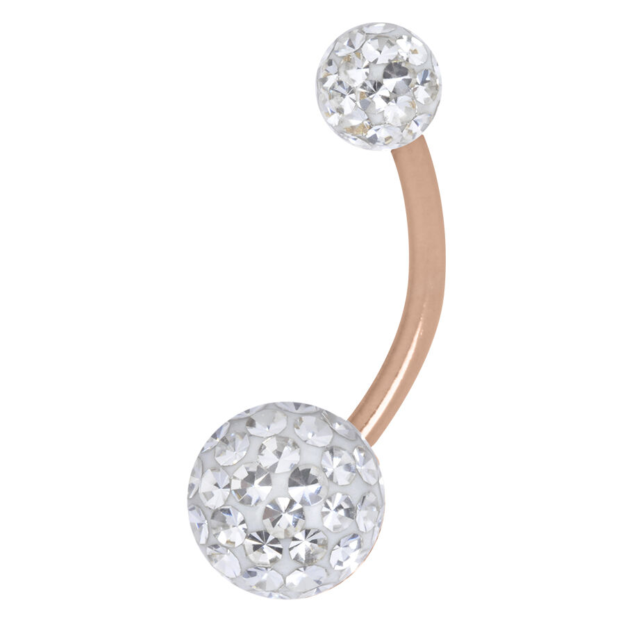 Bauchnabelpiercing mit kristallklaren Steinen und roségoldenem Stab