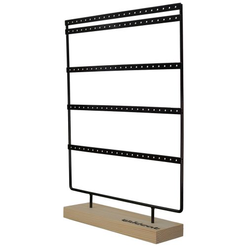 Schwarzes Display aus Metall mit Holzsockel, vertikale Haltung