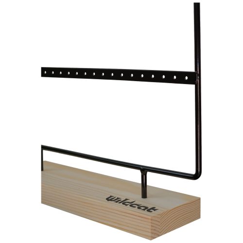 Schwarzes Metall-Display für Ohrringe auf Holzfuß, seitliche Ansicht