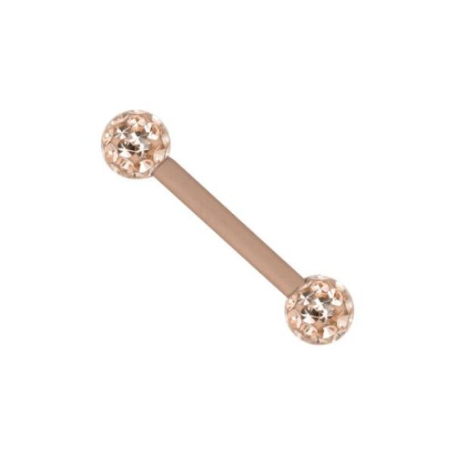 Roségoldenes Barbell mit glänzenden Kristallkugeln auf weißem Hintergrund
