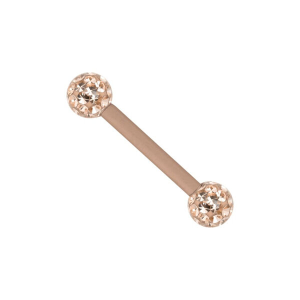 Roségoldenes Barbell mit glänzenden Kristallkugeln auf weißem Hintergrund
