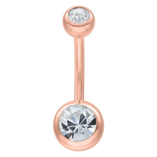 Roségoldenes Bauchnabelpiercing mit zwei klaren Kristallen auf weißem Hintergrund