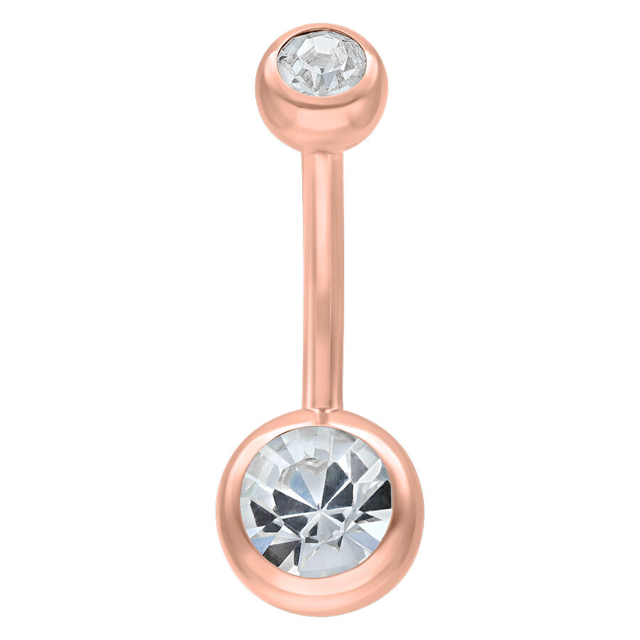 Roségoldenes Bauchnabelpiercing mit zwei klaren Kristallen auf weißem Hintergrund