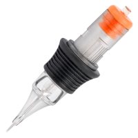 Tattoo Round Liner Patrone aus Chirurgenstahl mit schwarzem Griff und orangener Spitze.