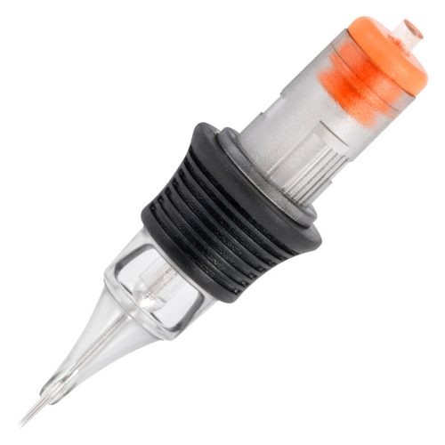 Tattoo Round Liner Patrone aus Chirurgenstahl mit schwarzem Griff und orangener Spitze.
