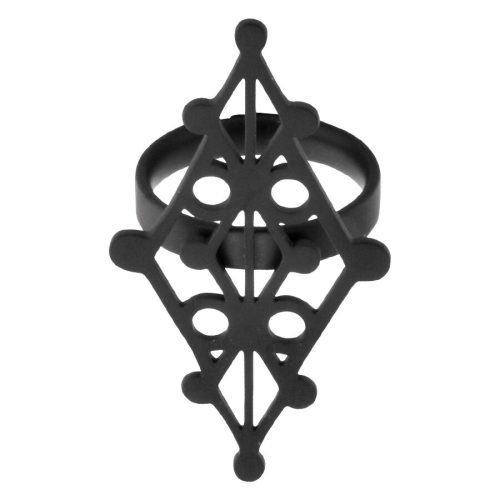 Schwarzer Witchcraft Rune Ring aus Chirurgenstahl mit geometrischem Design auf weißem Hintergrund