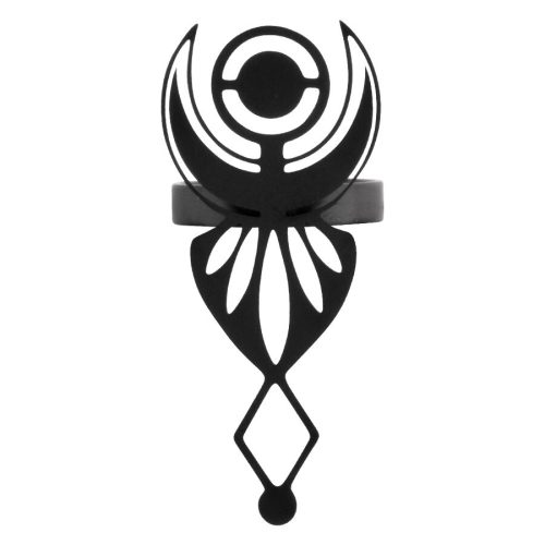Schwarzer Fingerring mit Wicca-Symbol, aus Chirurgenstahl, auf weißem Hintergrund