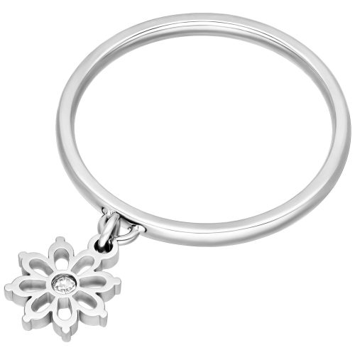 Silberner Fingerring mit hängendem Blumenanhänger auf weißem Hintergrund