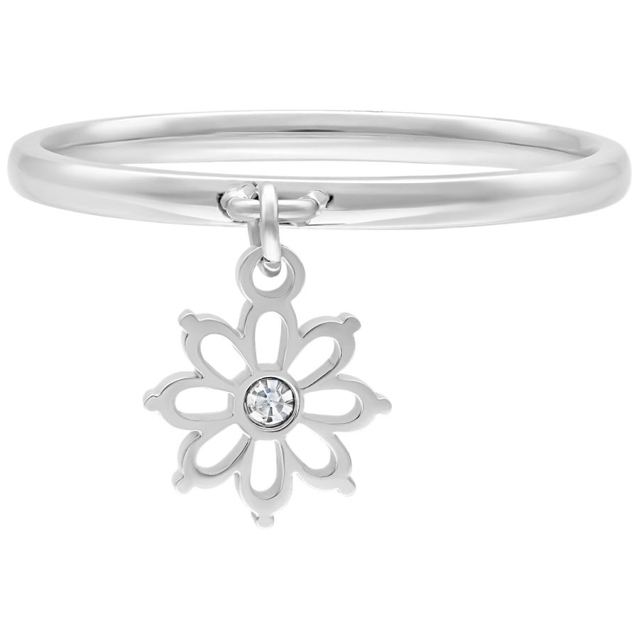 Silberner Fingerring aus Chirurgenstahl mit hängendem Blumenanhänger auf weißem Hintergrund