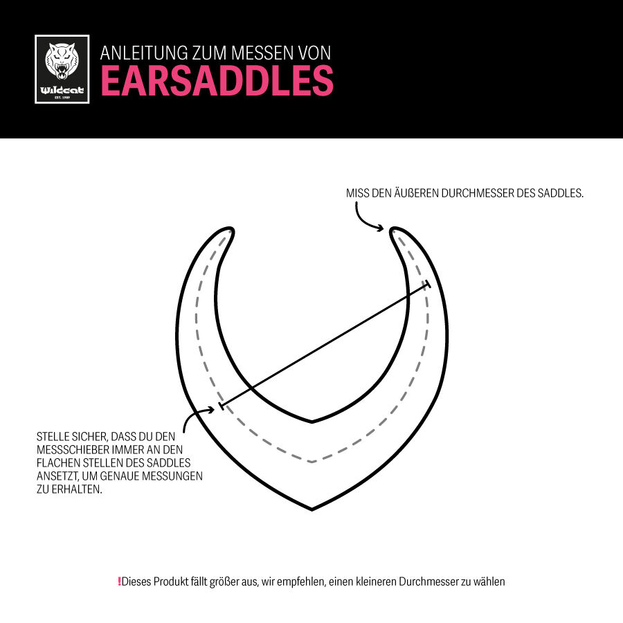 Grafische Messanleitung für Earsaddles mit schwarzem Pfeildiagramm auf weißem Hintergrund