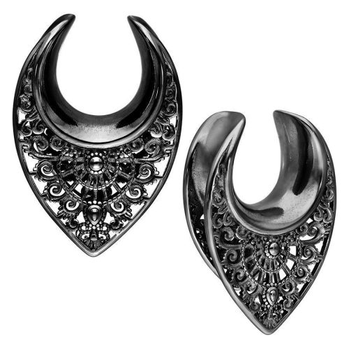 Schwarze Oriental Ear Saddles aus Metall mit filigranen Mustern, Größe 25mm