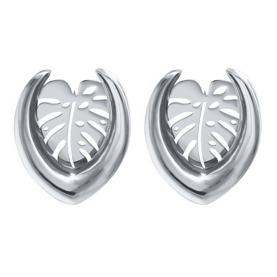 Silberfarbene Ohrsättel in Monstera-Form, 6,0 mm, auf weißem Hintergrund