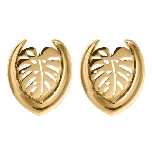 Goldene Monstera Ohrsättel aus Chirurgenstahl, 30mm, auf weißem Hintergrund