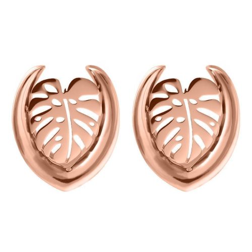 Roségoldene Ear Saddles in Monstera-Form, 30,0 mm Größe auf weißem Hintergrund