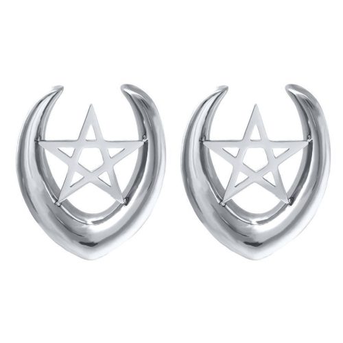Zwei silberne Ear Saddles aus Chirurgenstahl mit Pentagramm auf weißem Hintergrund