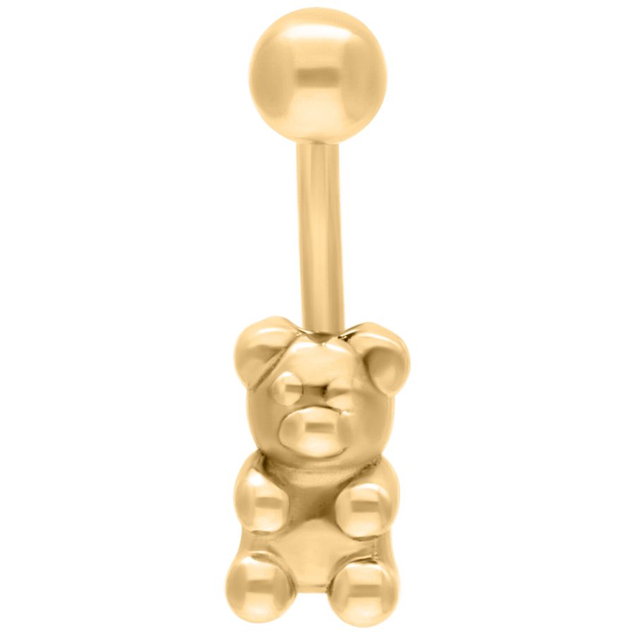 Goldenes Bauchnabelpiercing mit Bärchenform auf weißem Hintergrund