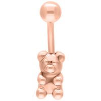 Bauchnabelpiercing in Roségold mit Gummibär-Design auf weißem Hintergrund