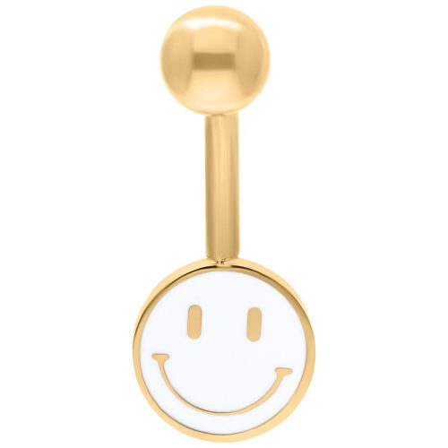 Goldenes Bauchnabelpiercing mit weißem Smiley-Anhänger auf weißem Hintergrund