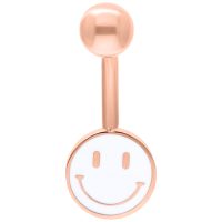 Bauchnabel-Piercing mit Smiley-Motiv in Roségold auf weißem Hintergrund