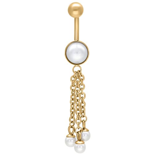 Goldenes Bauchnabelpiercing mit Ketten und Perlen auf weißem Hintergrund